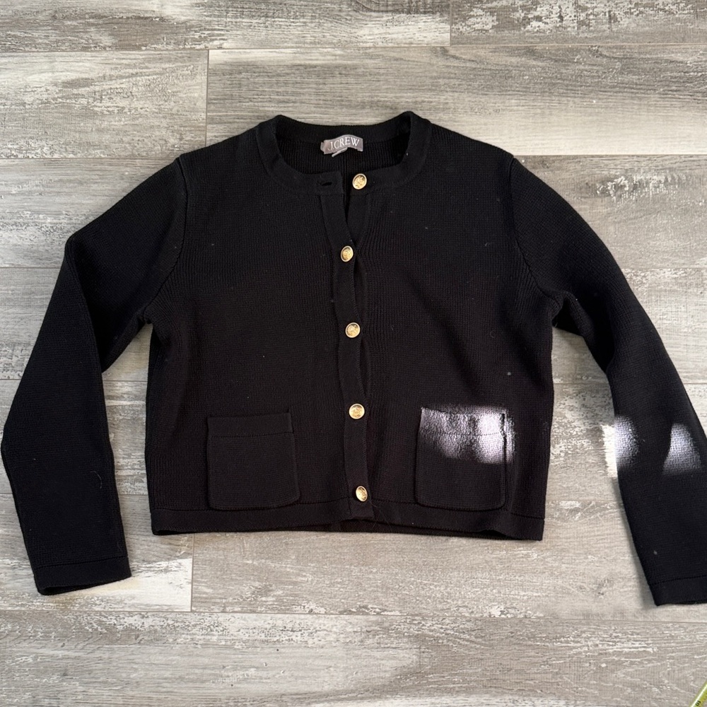 J. Crew Black Crewneck Cardigan with Gold Buttons